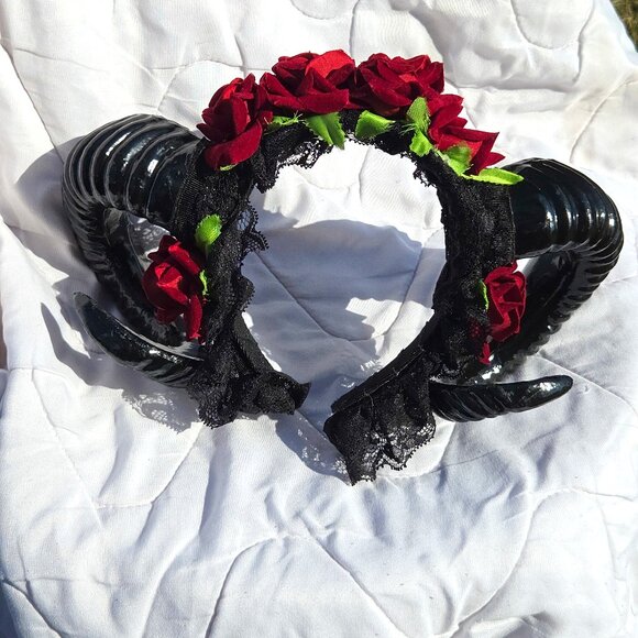 Sold - Sheep Horn Floral Hair Band Halloween Gothic Costume Headband Cosplay - Picture 8 of 14